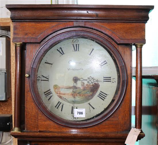 Early 19C oak longcase clock, Cotterill, Wirksworth, with landscape painted Roman dial